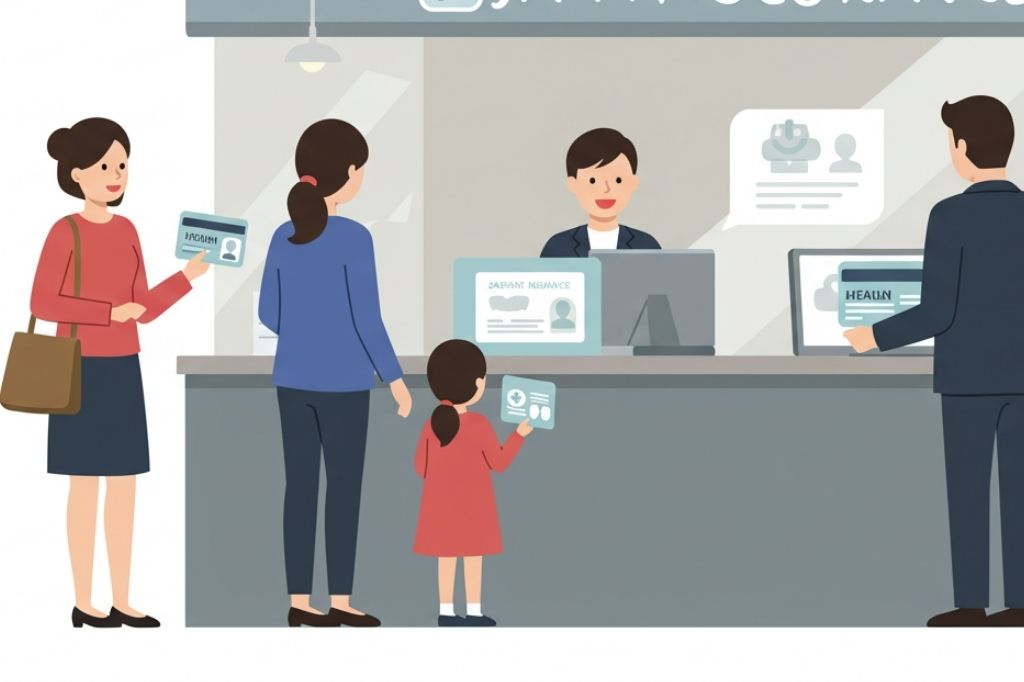 市役所窓口で保険の選択肢を比較するフリーランス家族。会社員の扶養と国民健康保険の違いを整理する場面