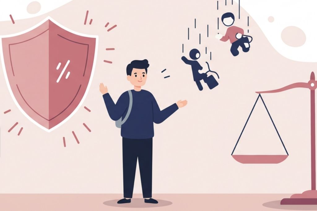 社会保険の基本制度と上乗せ制度、リスク対策のイメージ図。個人事業主が年金や健康リスクに備える様子を描いたイラスト