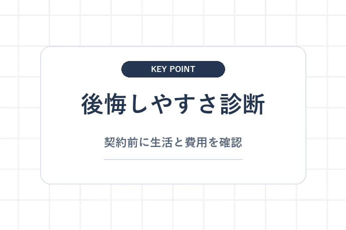 契約前に確認したい「後悔しやすさ診断」「後悔しやすさ診断、契約前に生活と費用を確認」を解説した図解