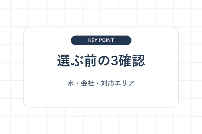 失敗しないための3つの確認ポイント「選ぶ前の3確認、水・会社・対応エリア」を解説した図解
