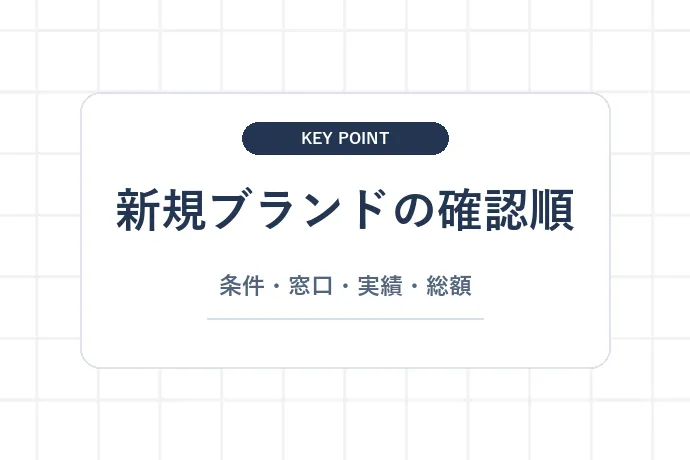  新しいブランドを選ぶときの注意点「新規ブランドの確認順、条件・窓口・実績・総額」を解説した図解