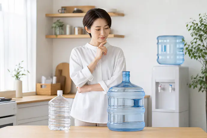 キッチンで大小の水ボトルを見比べながら交換の負担を確認している様子