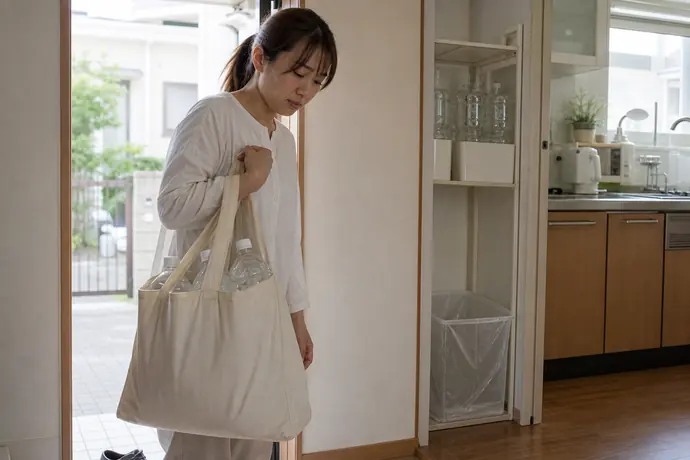 水入りの買い物袋を運びながら保管場所とごみ処理の負担を確かめる女性
