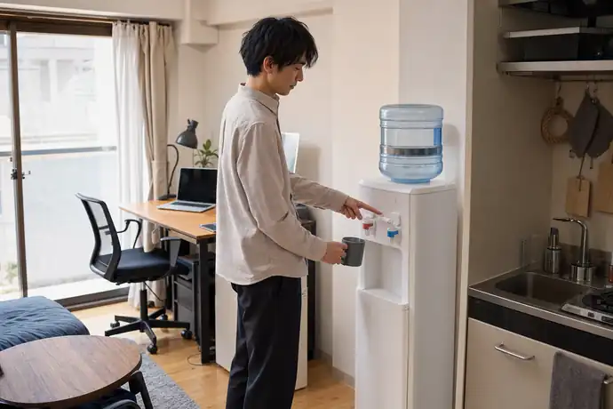 一人暮らしの部屋で在宅ワークの合間にウォーターサーバーを使う男性