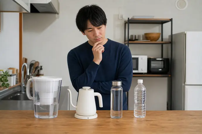 浄水ポットや電気ケトル、ボトル水を並べて代替手段を比較する男性