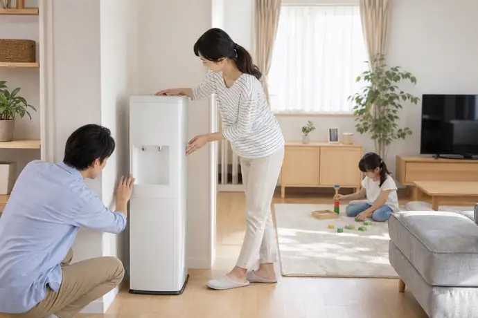 ウォーターサーバーの背面と設置場所を家族で確認する様子