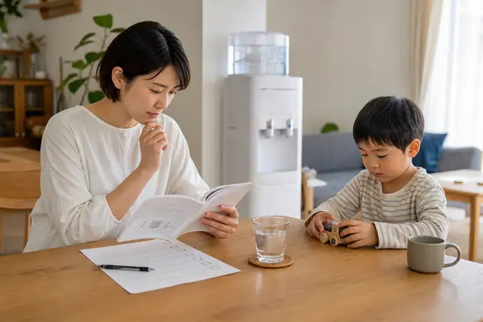 説明書と確認項目を見ながらウォーターサーバーを選ぶ家庭の様子