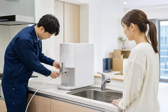 浄水型は「ボトルがないから簡単」とは限らない「新居のキッチンでウォーターサーバーを設置する場面」