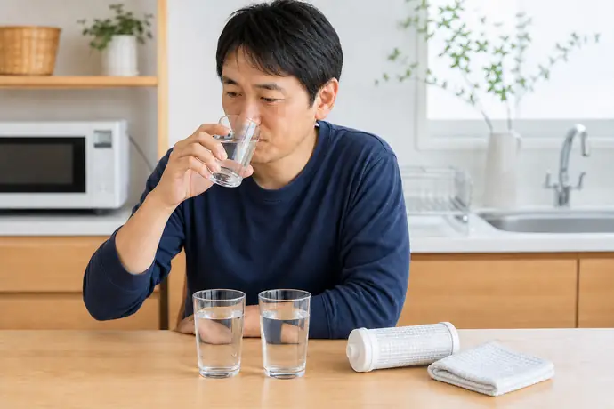 3つのグラスとカートリッジで水の味を確認する人物