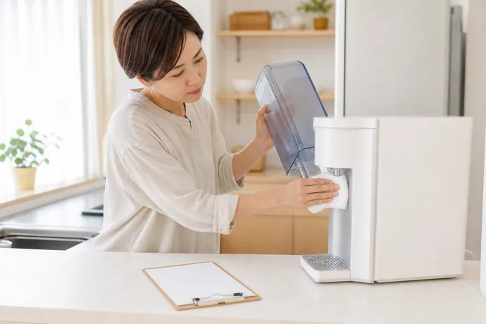 給水タンクと出水口を清掃し衛生項目を確認する人物