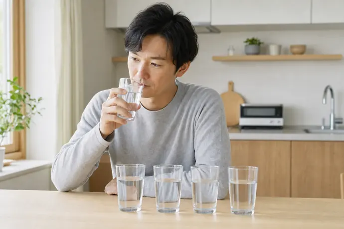 同じ形のグラスで水の味を落ち着いて飲み比べる人物