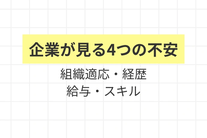 なぜ「やめとけ」と言われるのか?企業側の本音を解剖する「企業が見る4つの不安、組織適応・経歴・給与・スキル」を解説した図解