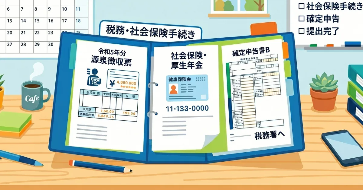 「個人事業主が転職する時の必要書類と手続きガイド|源泉徴収票・雇用保険証がない場合の対応や年末調整・確定申告のやり方」を紹介するバナー画像