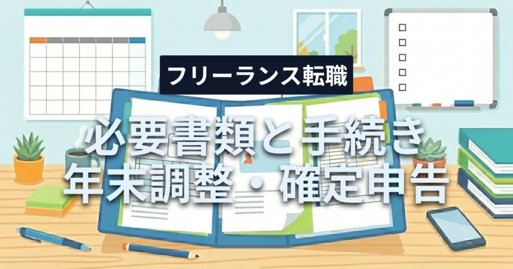 「個人事業主が転職する時の必要書類と手続きガイド｜源泉徴収票・雇用保険証がない場合の対応や年末調整・確定申告のやり方」を紹介するバナー画像