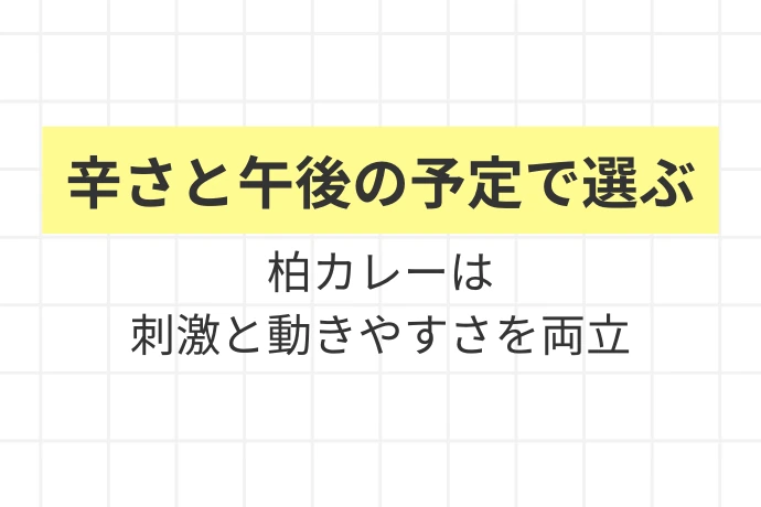 カレーの街・柏の名店「カレーの店 ボンベイ」「辛さと午後の予定で選ぶ、柏カレーは刺激と動きやすさを両立」を解説した図解
