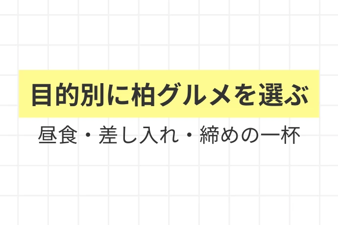 柏市には"働く力をくれる名物グルメ"が揃っている「目的別に柏グルメを選ぶ、昼食・差し入れ・締めの一杯を整理」を解説した図解