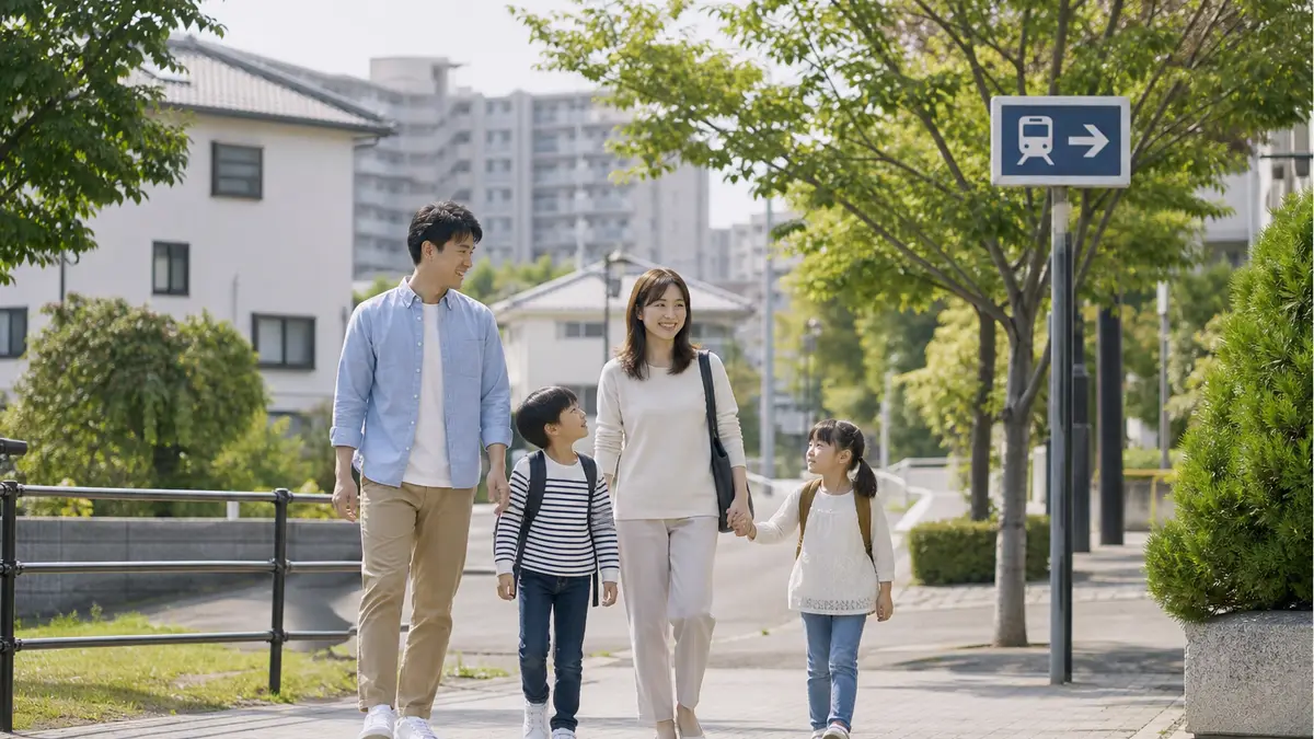 我孫子市の住宅地で家族が駅と緑のある暮らしを歩いて確認している場面
