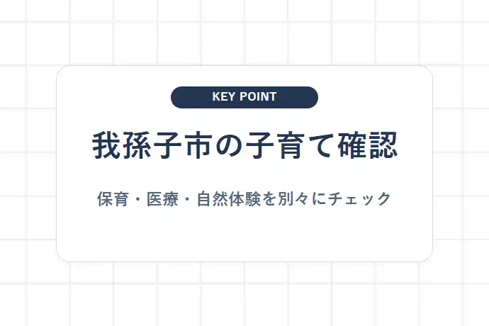 我孫子市の子育て・教育環境|保育施設・医療費助成と自然体験「我孫子市の子育て確認、保育・医療・自然体験を別々にチェック」を解説した図解