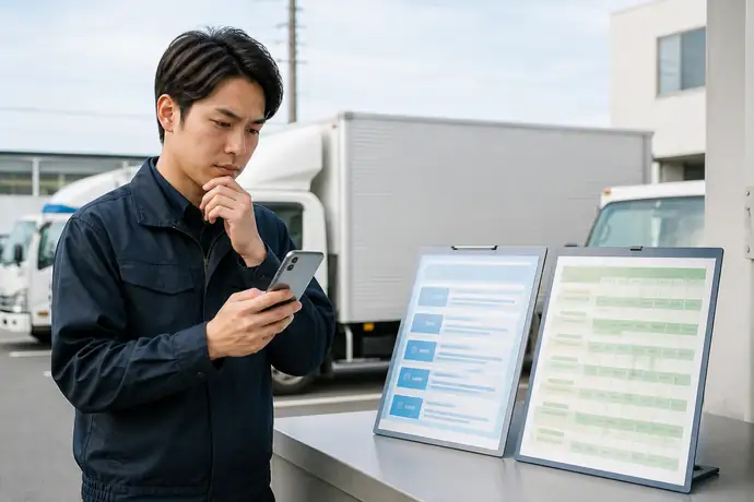 スマートフォンのオファーと固定シフト表を見比べて働き方を選ぶドライバーの場面