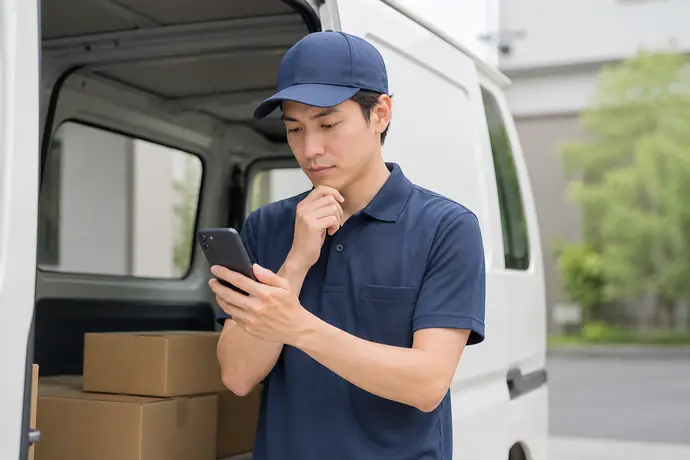 DIAqの案件を比較しながら、空き時間に合う配送を選ぶ軽貨物ドライバーの場面