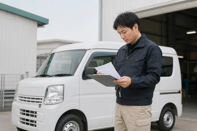 配送ドライバーが軽バンの前で契約書類を確認し、利用開始の準備をしている場面
