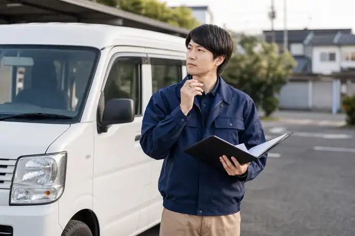軽貨物を始めてもやばい状況に陥るドライバーの特徴（向き・不向き）を確認し、契約書を手に軽バンの前で考える配送ドライバーの様子