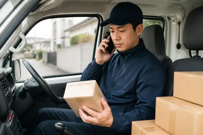配送車内で軽貨物ドライバーが荷物の状態と発生時刻を確認し、委託元へ落ち着いて報告する場面を描いたシーン画像