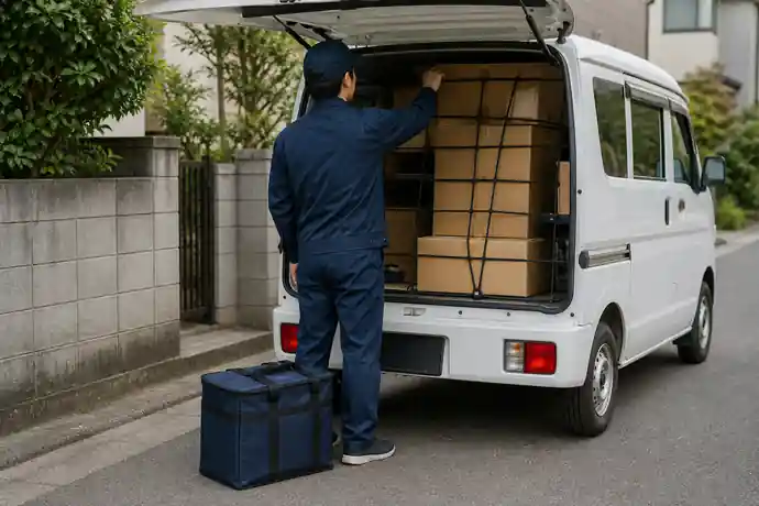 出発前の軽貨物ドライバーが荷室の固定、置き配用品、車両の施錠を順番に確認している配送車両の場面を描いたシーン画像
