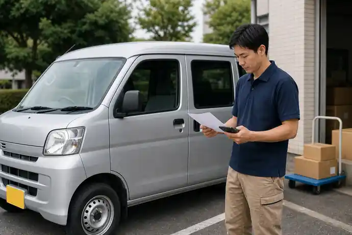 配送前に軽貨物車の燃費と車両費用を確認し、走行条件と総額を比較するドライバーの場面