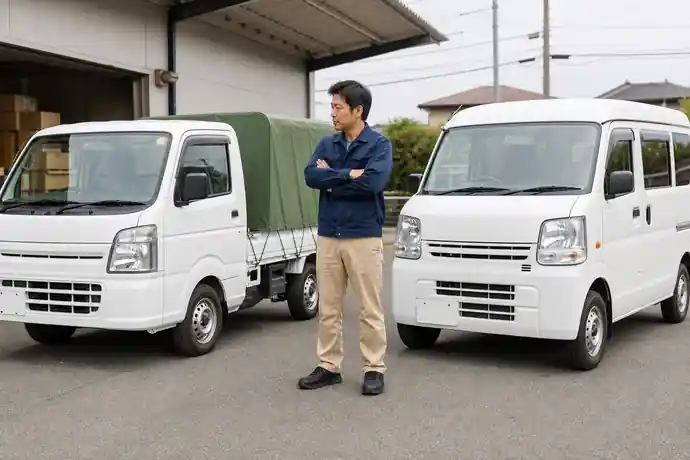 軽トラと軽バンで取れる案件の違いを、荷物を確認しながら比較する軽貨物ドライバーのシーン画像