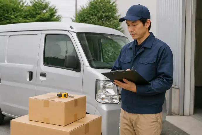軽貨物ドライバーが荷物の大きさと走行距離を確認しながら車種候補を絞り込む場面を写したシーン画像