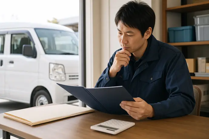 リースと購入を働き方に合わせて比較する軽貨物ドライバーの検討場面を描いたシーン画像