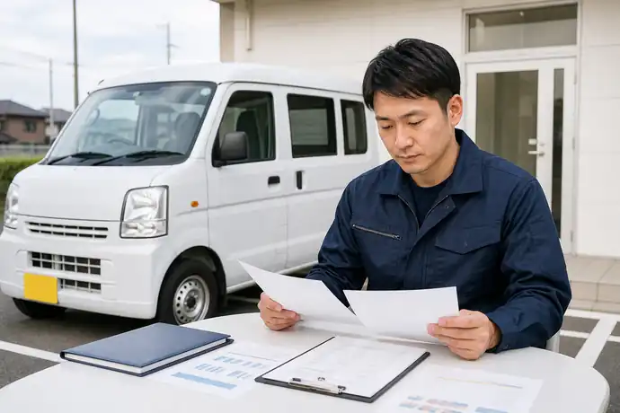 黒ナンバー対応と契約条件を確認しながら軽貨物車両を選ぶドライバーの場面