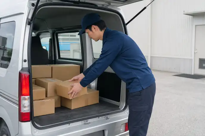 配達ドライバーが軽バンへ荷物を積み込む1日の準備風景を写したシーン画像