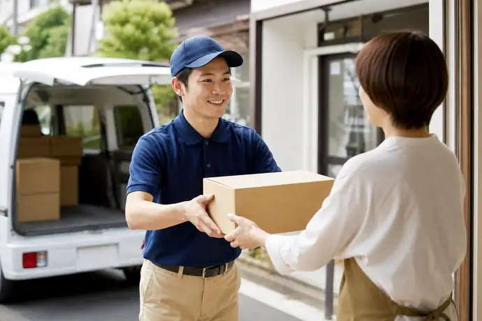 軽貨物ドライバーが小規模店舗へ荷物を届ける働き方の一場面を写したシーン画像