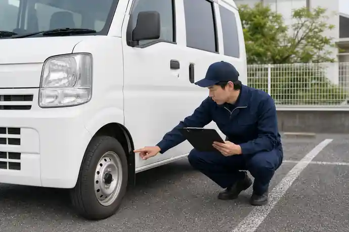 軽貨物ドライバーが車両のタイヤを確認し、日常点検を記録する場面
