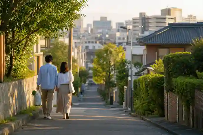 柏駅から住宅街へ歩きながら買い物と帰宅動線を確かめる、柏の暮らしをイメージした場面