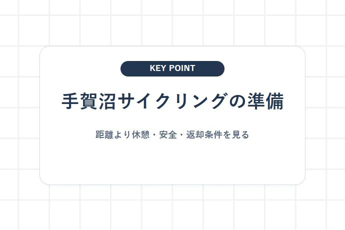 【アクティビティ】手賀沼サイクリングロード・レンタサイクルと水辺散策「手賀沼サイクリングの準備、距離より休憩・安全・返却条件を見る」を解説した図解