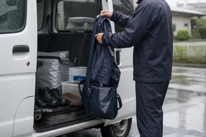 雨の配送現場で、軽貨物ドライバーがレインウェア、防水靴、タオル、防水袋を車の横で整えている場面。雨粒は見えるが、文字やロゴは入れない。