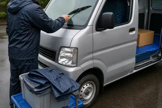 雨天の出発前、軽貨物車両のワイパーや荷室の防水区画、雨具を順番に確認する実務的な場面。人物の顔、企業ロゴ、読める文字は入れない。