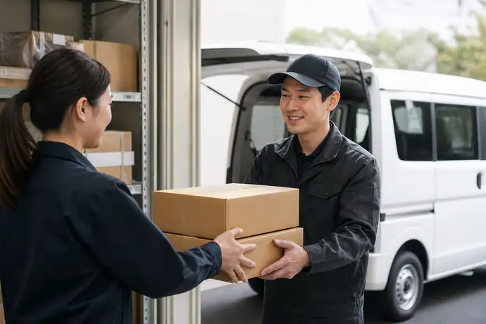 荷主企業のスタッフと軽貨物ドライバーが配送荷物を引き渡している場面