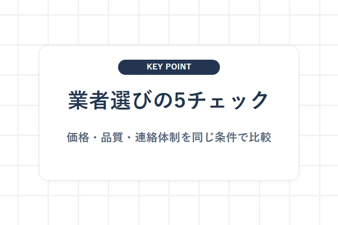 失敗しない軽貨物運送業者の選び方・チェックポイント「業者選びの5チェック、価格・品質・連絡体制を同じ条件で比較」を解説した図解