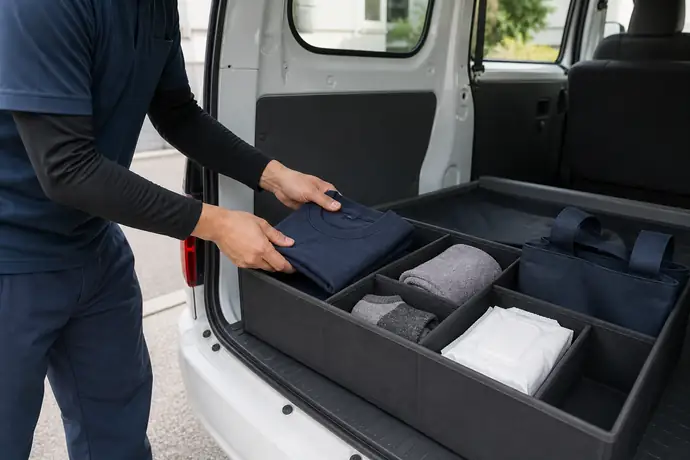 配達車の荷室で、予備のTシャツ・靴下・タオル・消臭用品を区分して準備する軽貨物ドライバーの手元。清潔で実用的な日本の配送車内、人物の顔は写さない。