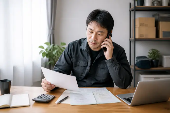 軽貨物ドライバーが机上で税金や保険の支払予定を確認し、公的な相談窓口へ問い合わせる準備をしている場面を描いたシーン画像