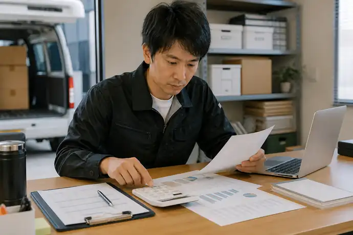 開業初年度の軽貨物事業者が車両費、燃料費、税金、保険を項目別に確認し、翌月の資金を確保している場面を描いたシーン画像