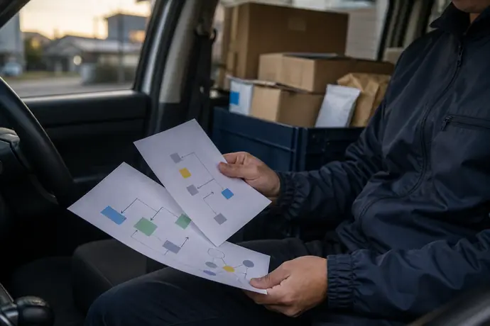 配達終了後、軽貨物ドライバーが車内で荷物を探した時間や停車の迷いを簡単に振り返り、翌日の改善点を一つ整理する場面。紙の文字は読めない状態にする。