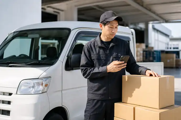 スポット便・チャーター便｜緊急・長距離案件の特徴を確認する配送ドライバーの自然な仕事風景