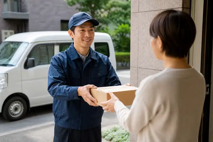 軽貨物ドライバーが建物の入口で荷物を手渡し、ラストワンマイルの配送を行っている場面