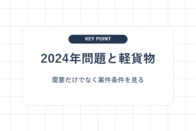 2024年問題が軽貨物・ラストワンマイルの需要に与える影響「2024年問題と軽貨物、需要だけでなく案件条件を見る」を解説した図解
