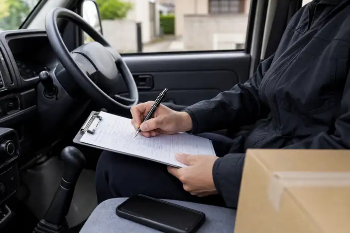 軽貨物ドライバーが車内で配達時刻・場所・荷物番号をメモし、委託元へ落ち着いて報告する場面。個人情報やロゴ、画面の文字は見せない。